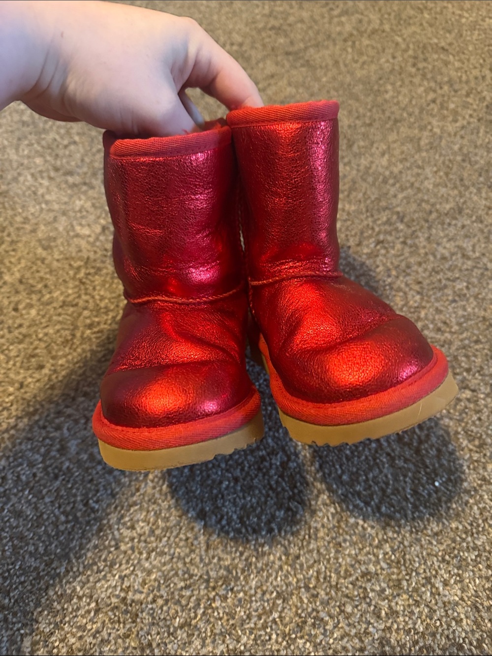 Children Girls Ugg Classic Short Metallic Red Sparkly Boots